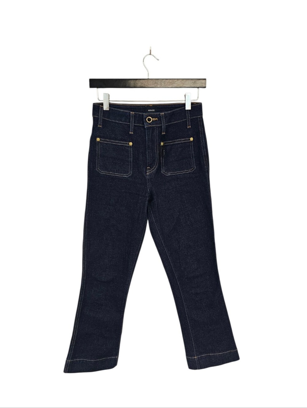 KHAITE Raquel High Rise Patch Pocket Flare Cropped Dark Blue Jeans 26 NWOT